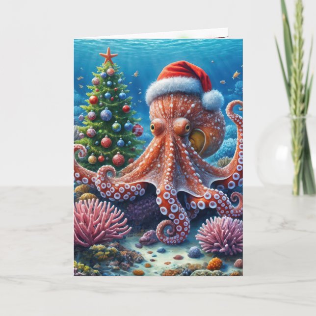 Cartão Octopus de Natal Vestindo um Chapéu Santa (Frente)