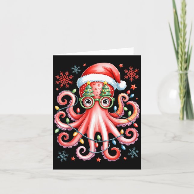 Cartão Octopus Gles Santa Hat Christmas Light Ocean Anima (Frente)