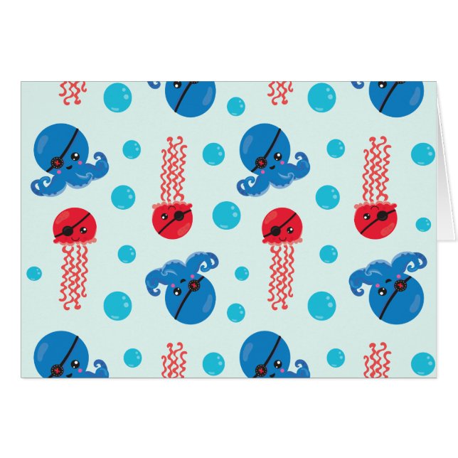 Cartão Octopus Pirata, Jellyfish Pirata, Animais do Mar (Frente Horizontal)