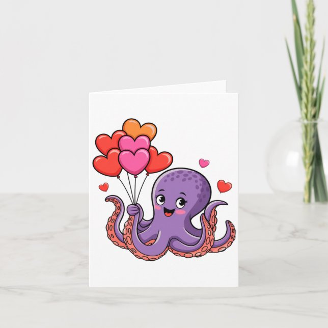 Cartão Octopus With Heart Lloons Valentine Day  (Frente)