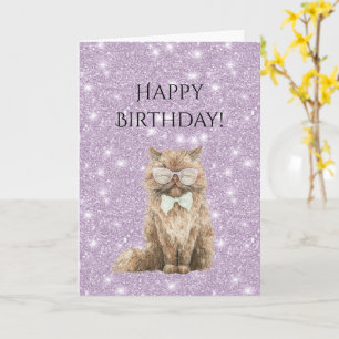 Cartão Óculos de Gato Legal Marrom Brilho Roxo de Anivers