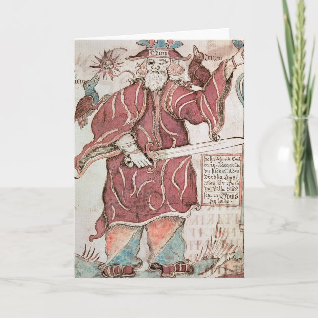 Cartão Odin, com seus dois corvos, Hugin e Munin (Frente)