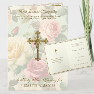 Cartão Oferta de Missa de Sinto Católico Crucifixo Rosas
