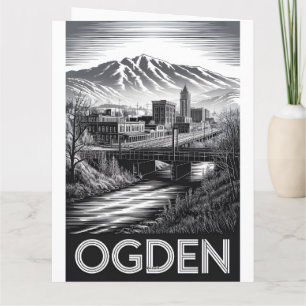 Cartão Ogden Utah Silhueta Urbana Xilogravura Preto Branc