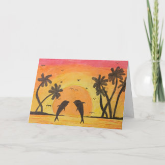 Cartão Oil pastel drawing of a sunset and dolphins