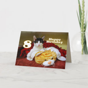 Cartão Oitavo Kitten de Aniversário com Tigre Brinquedo