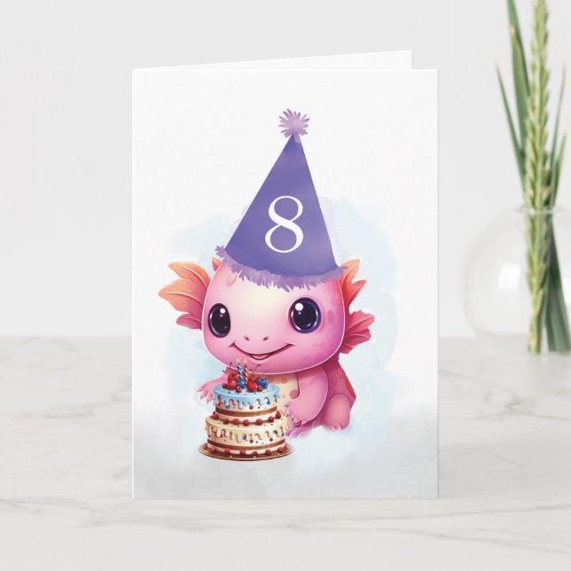 Cartão Oitavo oitavo aniversário, Fofo-rosa Axolotl (Frente)