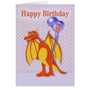 Cartão Oito aniversário feliz, dragão bonito dos desenh