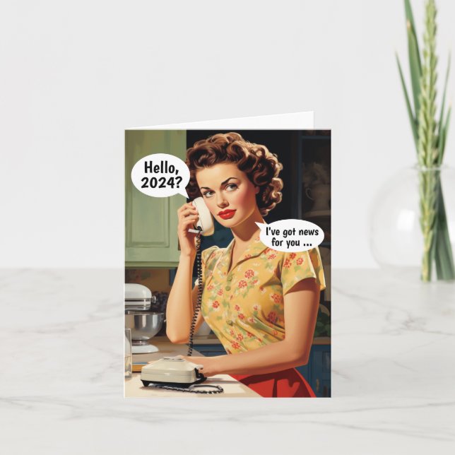 Cartão Olá, 2024: Notícias para Você Ano Novo Retrô (Frente)