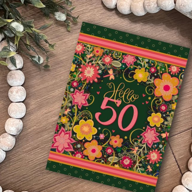 Cartão Olá, 50 Bonito Diversão Floral de Aniversário Insp (Criador carregado)