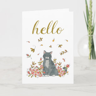 Cartão Olá, Gato e Flores Ilustrando Pensamento de Você