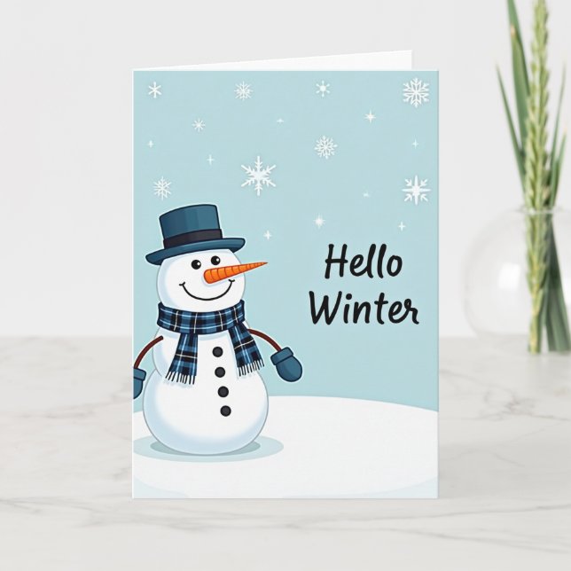Cartão Olá Inverno Homem de Neve Chapéu Alto Fofo (Frente)