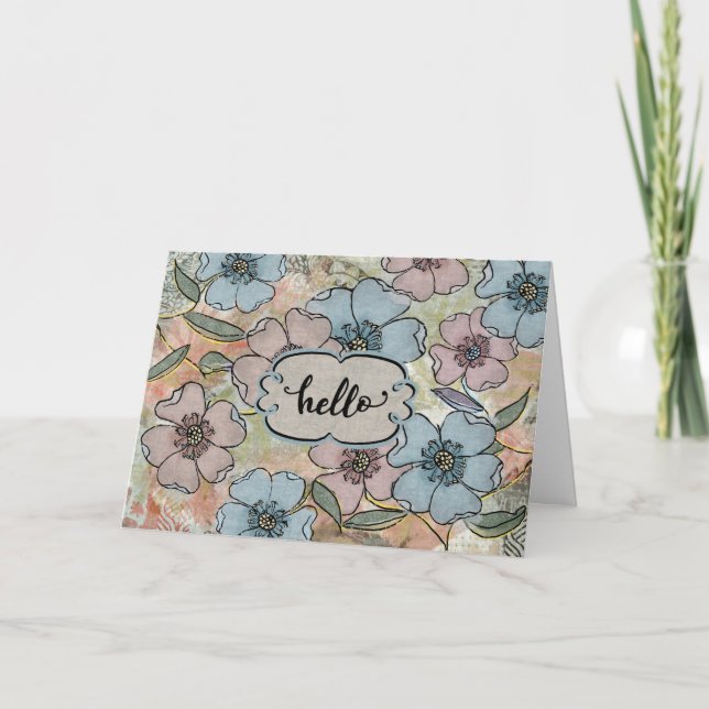 Cartão Olá, pensando em você, flor pintada rosa e azul (Frente)