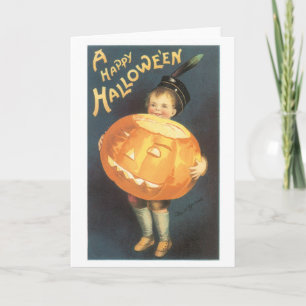 Cartão Old-fashioned Halloween, Boy holding Pumpkin
