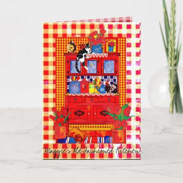 Cartão Old Fashioned Kitchen Cupboard with Cat Note Card (Frente)