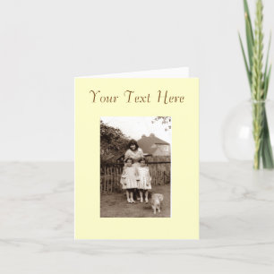 Cartão Old photo cute identical twin girl sisters and cat