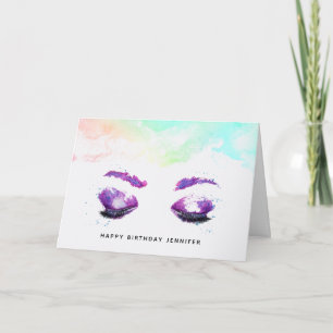 Cartão Olhos Roxos Glamorosos e Brows Watercolor Aniversá