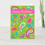 Cartão Olive Green Fuchsia Modern Paisley Happy Birthday<br><div class="desc">A stylish birthday card on an olive green background with a fuchsia pink strip with the words "happy birthday". For someone special - Bright, fresh, modern paisleys make a beautiful artistic design that includes inspirational words of Love, Hope, Faith, Inspire, Cherish, Be Happy, Dream, and Live in the background between...</div>