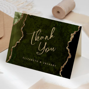 Cartão Olive Green Gold Agate Script Casamento Agradecime