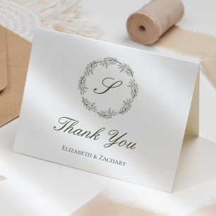 Cartão Olive Green Monograma Coroa Casamento Obrigado