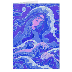 Cartão Onda, Sereia, Rapariga Asiática Fantasia, Azul e