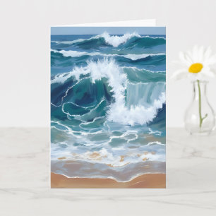 Cartão Ondas do Oceano Batendo Aquarela Azul Costeira