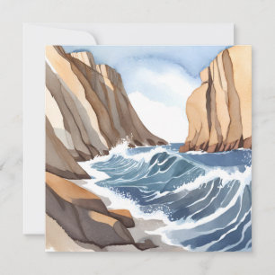 Cartão Ondas do Oceano Batendo   Aquarela de Praia Costei