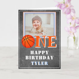 Cartão One Chalkboard Basketball Photo 1st Birthday 