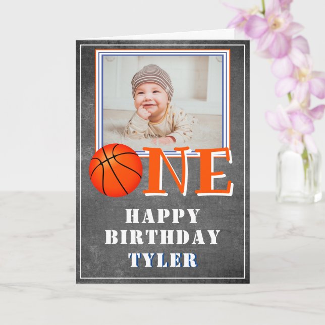Cartão One Chalkboard Basketball Photo 1st Birthday  (Orquídea)