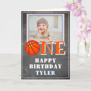 Cartão One Chalkboard Basketball Photo 1st Birthday 