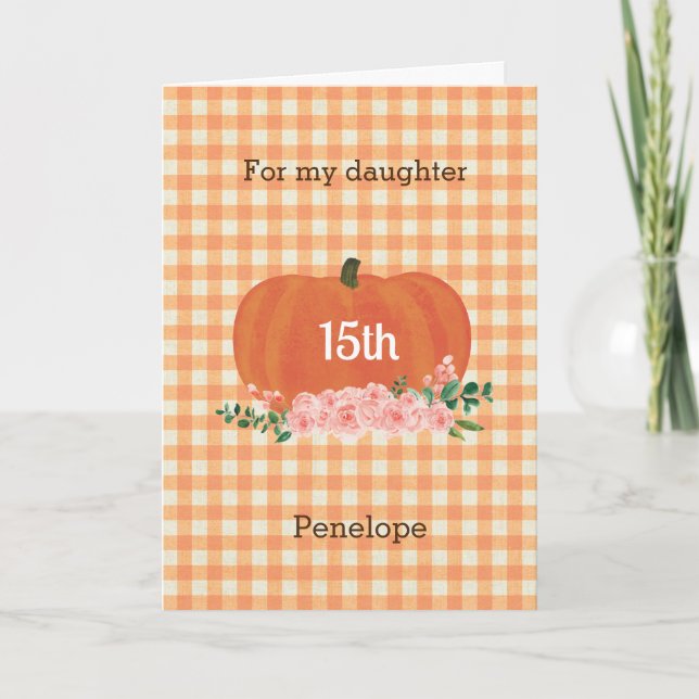 Cartão Orange Gingham Pumpkin Fall 15 Birthday (Frente)