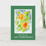 Cartão Orange Marigolds Sister-in-law Aniversário de outu<br><div class="desc">Um Cartão de Aniversário de outubro bonito para uma cunhada,  com as flores do mês de outubro,  o brilhante Pote de laranja Marigolds,  rodeado por uma fronteira verde profunda com letras brancas. A design é de uma pintura aquosa de Judy Adamson. Sinta-se à vontade para personalizar a mensagem dentro.</div>