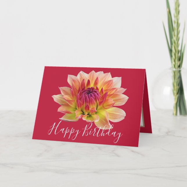 Cartão Orange Red Dahlia Fllower Red Background Birday (Frente)