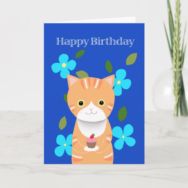 Cartão Orange tabby Cat with cupcake cute cat birthday (Frente)