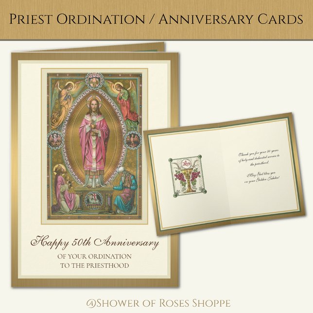 Cartão Ordenação Elegante 50º Aniversário do Padre Jesus (Traditional Catholic Priest Ordination/Anniversary Cards - Easy to Personalize!)