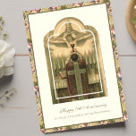 Cartão Ordenação por Aniversário do Padre Católico<br><div class="desc">Celebrar o Aniversário do Sacerdote com esta bela imagem tradicional católica vintage do Sagrado Sacrifício da Massa no altar. Dentro é uma bela coroa floral com um crucifixo de ouro. Um verso das escrituras é dentro e uma saudação. Todos os textos e fontes podem ser modificados.</div>