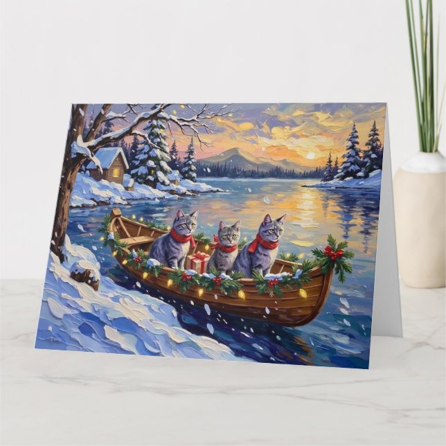 Cartão Oriental Blue Cat Christmas Boat Holiday (Frente)