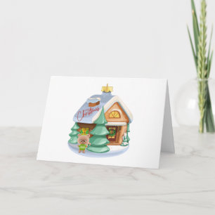 Cartão Ornamento de Casa de Natal e Urso de Teddy Bonito