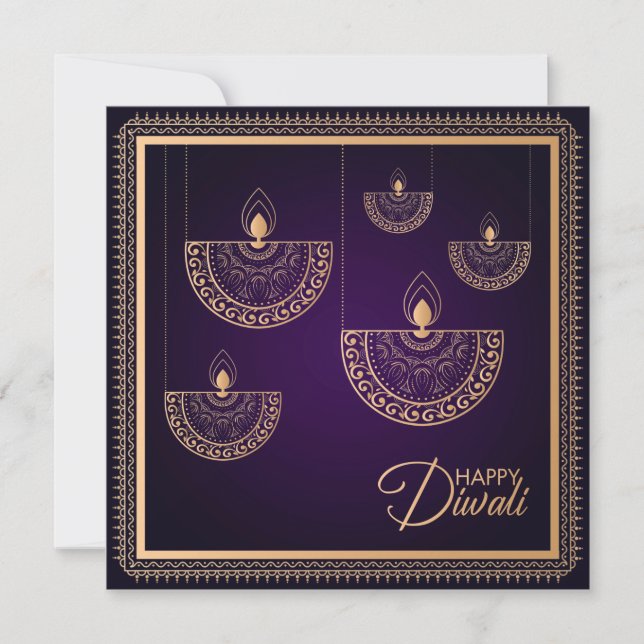 Cartão Ornamento de ouro roxo e Rosa Happy Diwali (Frente)