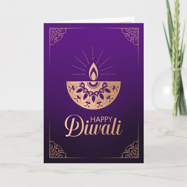 Cartão Ornamento de ouro roxo e Rosa Happy Diwali Card (Frente)