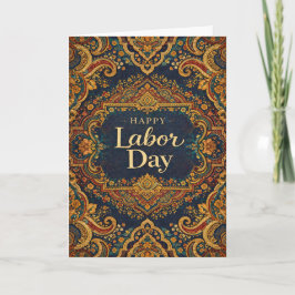 Cartão Ornate Blue Gold Scrollwork Happy Labor Day