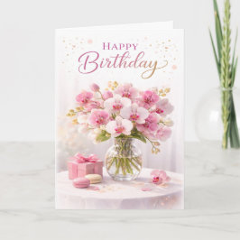 Cartão Orquídea Rosa Floral Elegante Aniversário