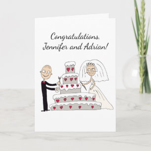 Cartão Os noivos cortam o bolo de casamento. Congratu