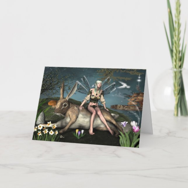 Cartão Ostara Fae and March Hare Greetings Card (Frente)