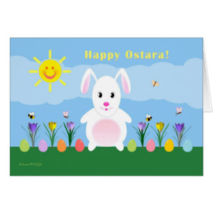 Cartão Ostara feliz - equinócio Vernal - coelho no jardim