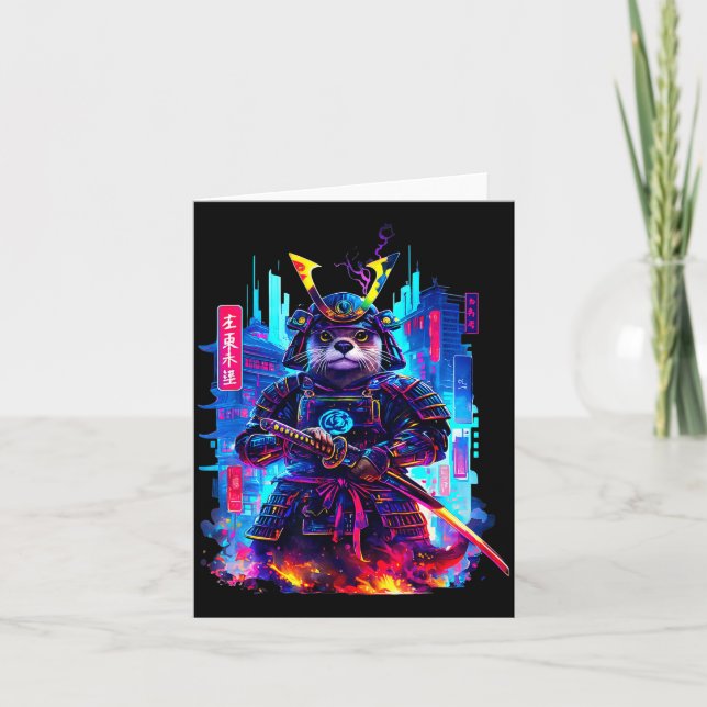 Cartão Otter Katana Cyberpunk Neon Samurai Japanese Art  (Frente)