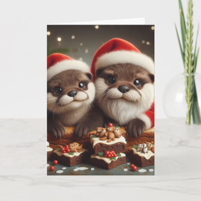 Cartão Otters Adoráveis com Brownies de Natal (Frente)