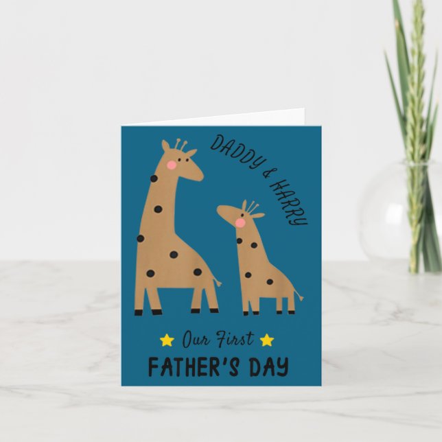 Cartão Our First Father's Day 2026, Funny Giraffe Gift Da (Frente)