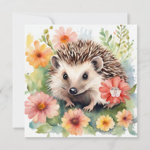 Cartão Ouriço-cacheiro em aquarela e Flores