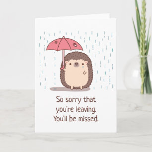 Cartão ouriço triste segurando guarda-chuva na chuva, des